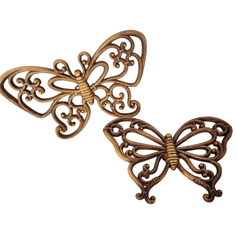 Lot 2 Vintage Dart Butterfly Wall Hanging Decor Brown Wood Grain Hobo